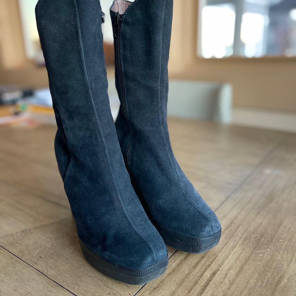 Castaner Suede Dark Navy Wedge Boot Calf-High Size 38 / Size 8